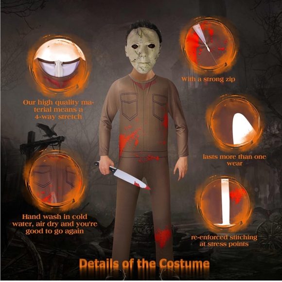 Kids👦🏻Michael Scary Killer Jumpsuit Costume w Zombie🧟♂️Mask👺Knife🔪Sz 7-8Y - Picture 4 of 9